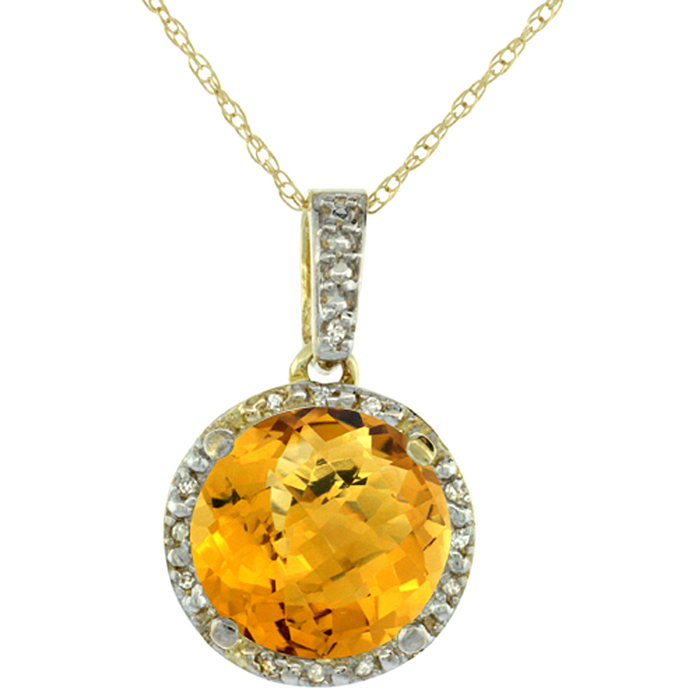 10K Yellow Gold 0.03 cttw Diamond Natural Whisky Quartz Pendant Round 11x11 mm