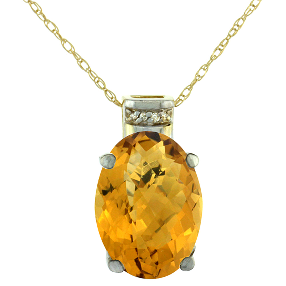 10K Yellow Gold Diamond Natural Whisky Quartz Pendant Oval 14x10 mm