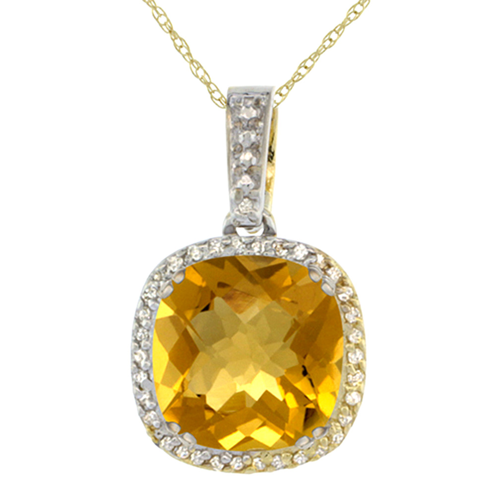 10k Yellow Gold Diamond Halo Natural Whisky Quartz Necklace Cushion Shaped 10x10mm, 18 inch long