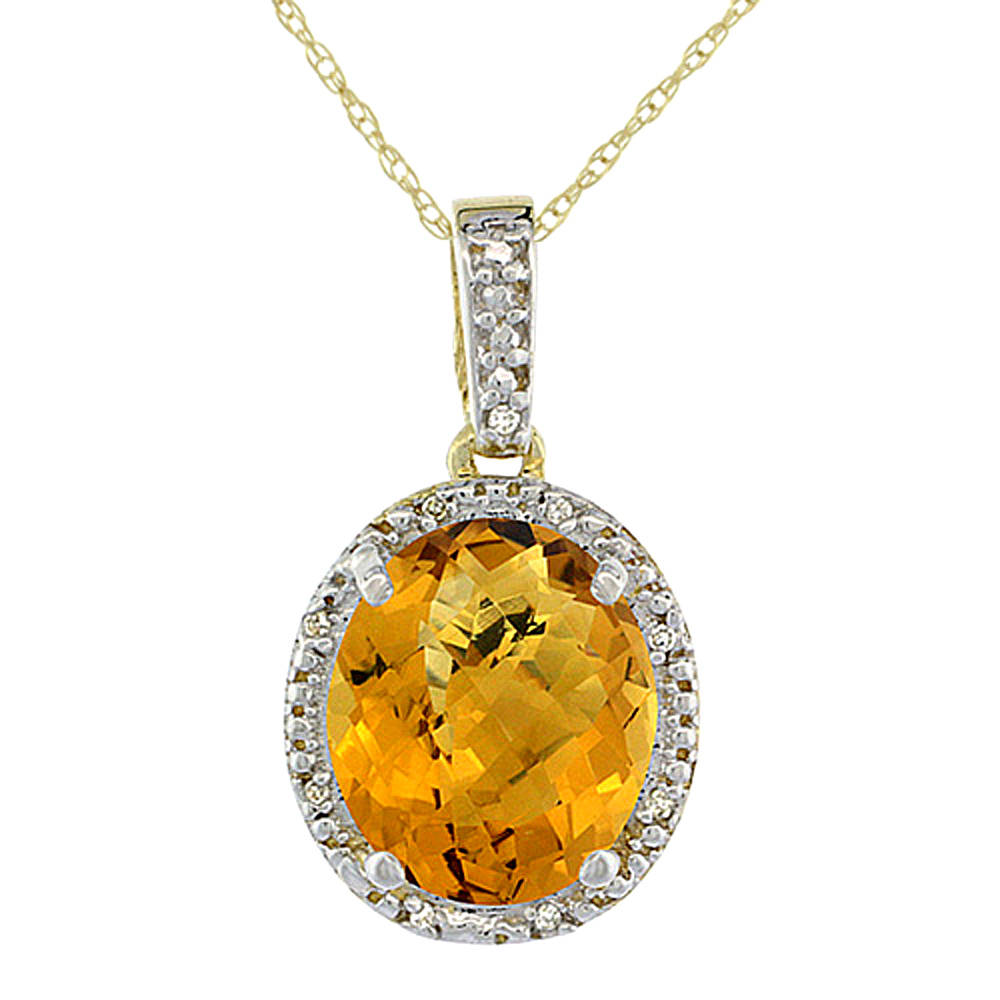 10K YELLOW GOLD DIAMOND HALO NATURAL WHISKY QUARTZ NECKLACE OVAL 12X10 MM, 18 INCH LONG