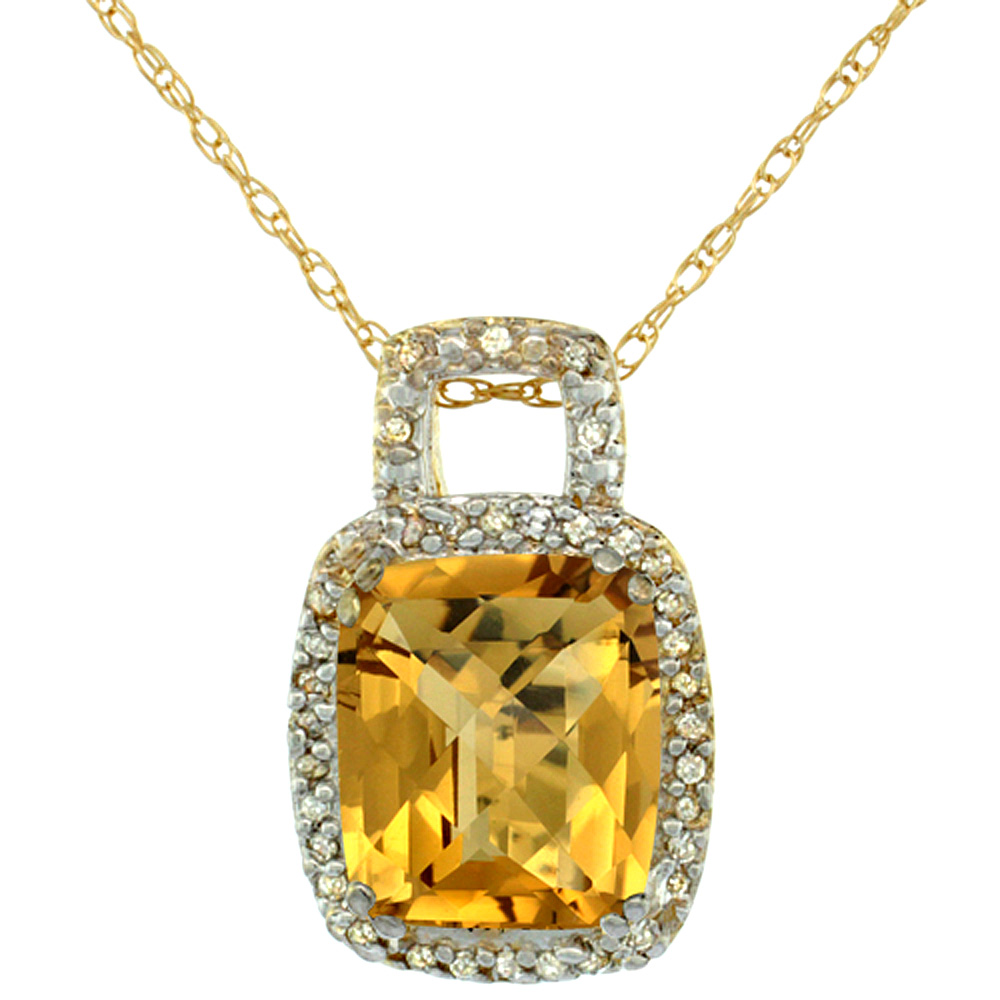 10K YELLOW GOLD NATURAL WHISKY QUARTZ PENDANT OCTAGON CUSHION 10X8 MM & DIAMOND ACCENTS