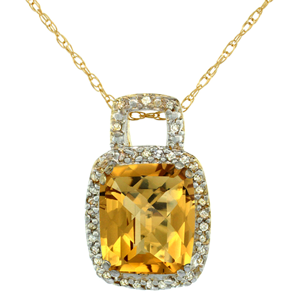 10K Yellow Gold Natural Whisky Quartz Pendant Octagon Cushion 10x8 mm & Diamond Accents