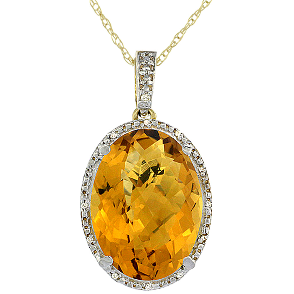 10K Yellow Gold Diamond Natural Whisky Quartz Pendant Oval 18x13 mm