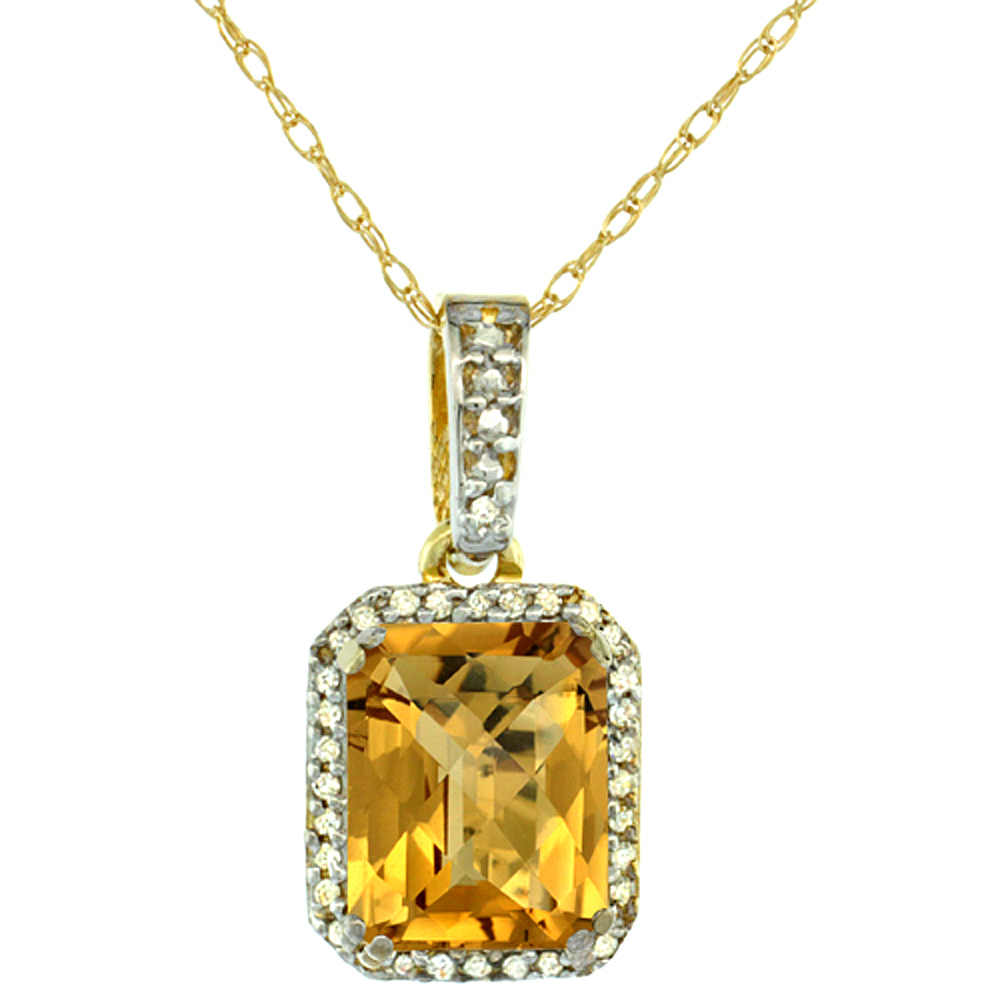 10K Yellow Gold Diamond Natural Whisky Quartz Pendant Octagon 9x7 mm