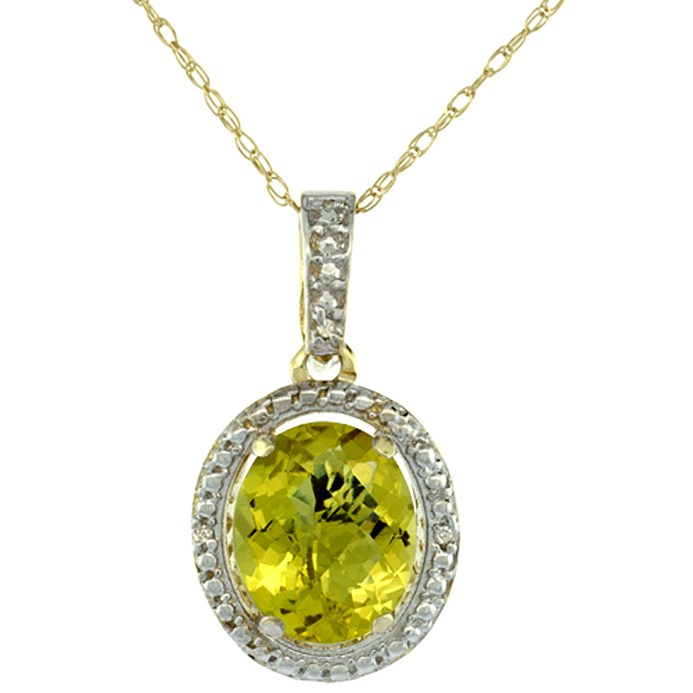 10K Yellow Gold 0.09 cttw Diamond Natural Lemon Quartz Pendant Oval 10x8 mm