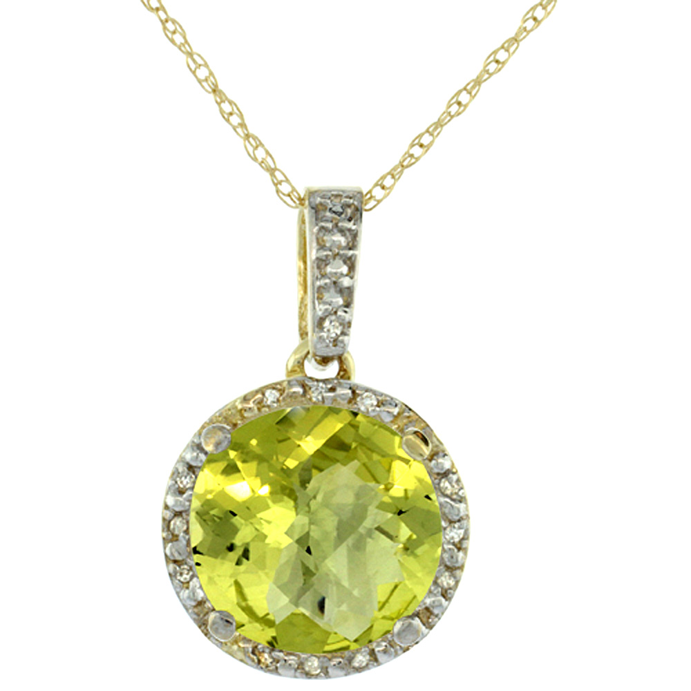 10K Yellow Gold 0.03 cttw Diamond Natural Lemon Quartz Pendant Round 11x11 mm