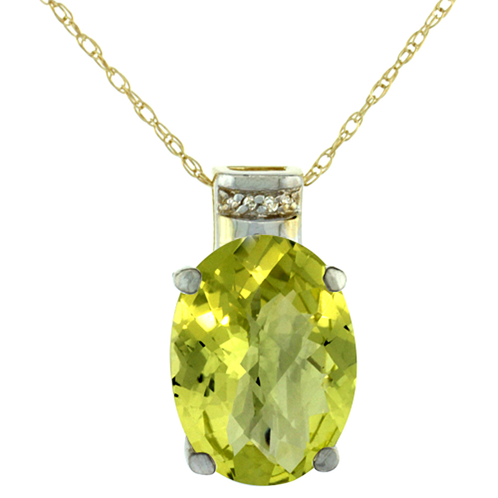 10K YELLOW GOLD DIAMOND NATURAL LEMON QUARTZ PENDANT OVAL 14X10 MM