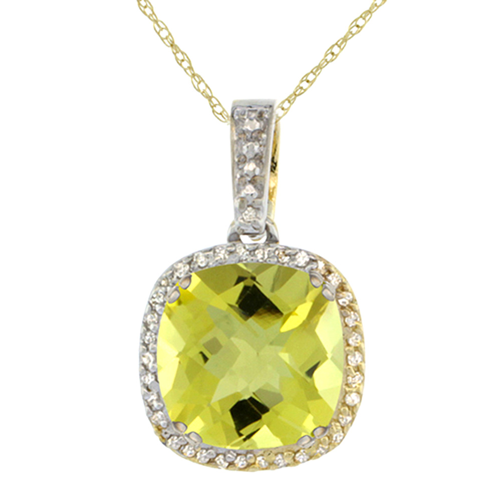 10k Yellow Gold Diamond Halo Natural Lemon Quartz Necklace Cushion Shaped 10x10mm, 18 inch long