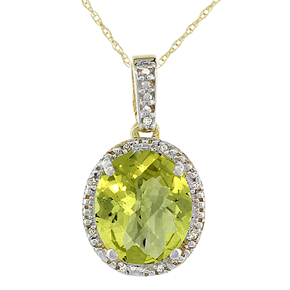 10K Yellow Gold Diamond Halo Natural Lemon Quartz Necklace Oval 12x10 mm, 18 inch long