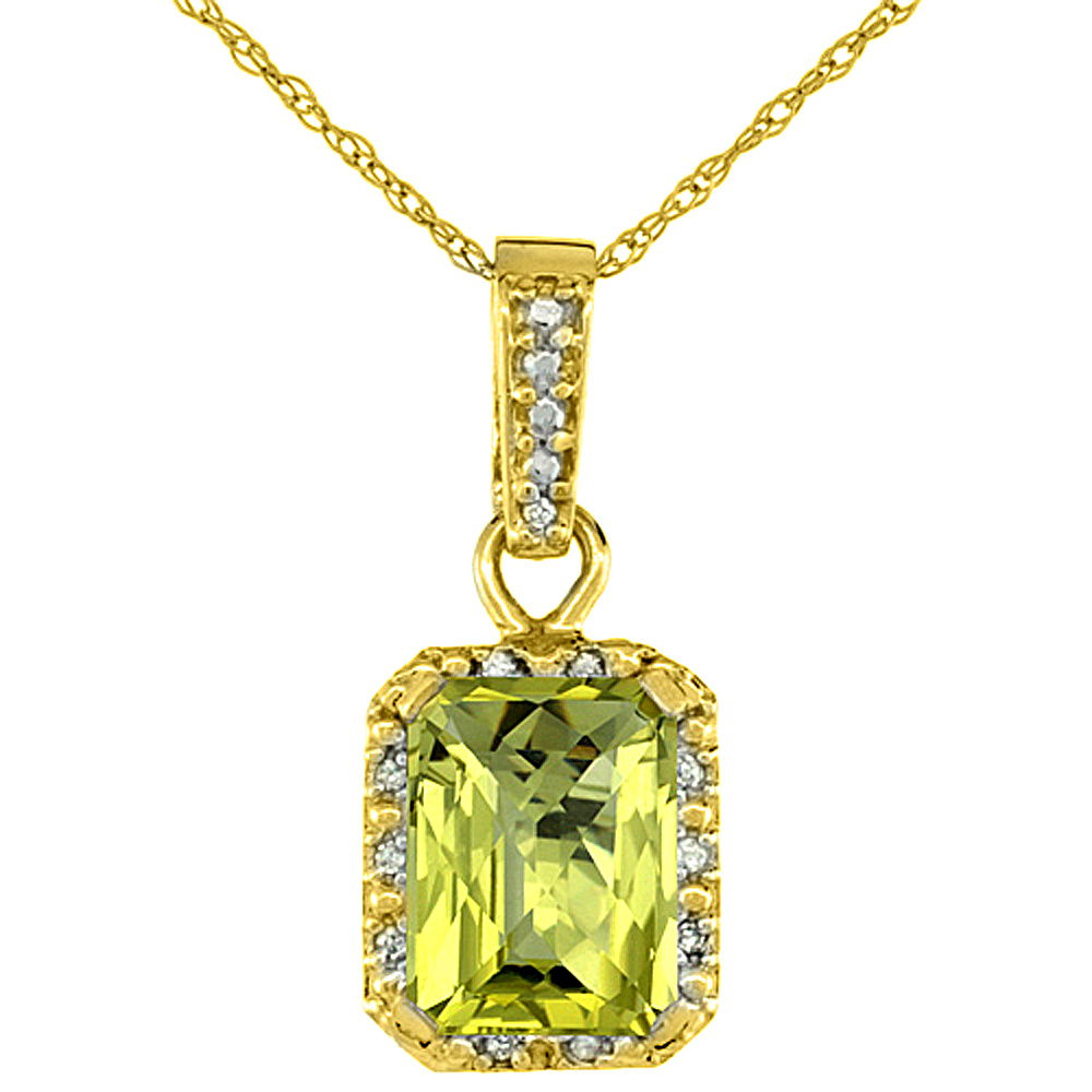 10K YELLOW GOLD NATURAL LEMON QUARTZ PENDANT OCTAGON 8X6 MM & DIAMOND ACCENTS