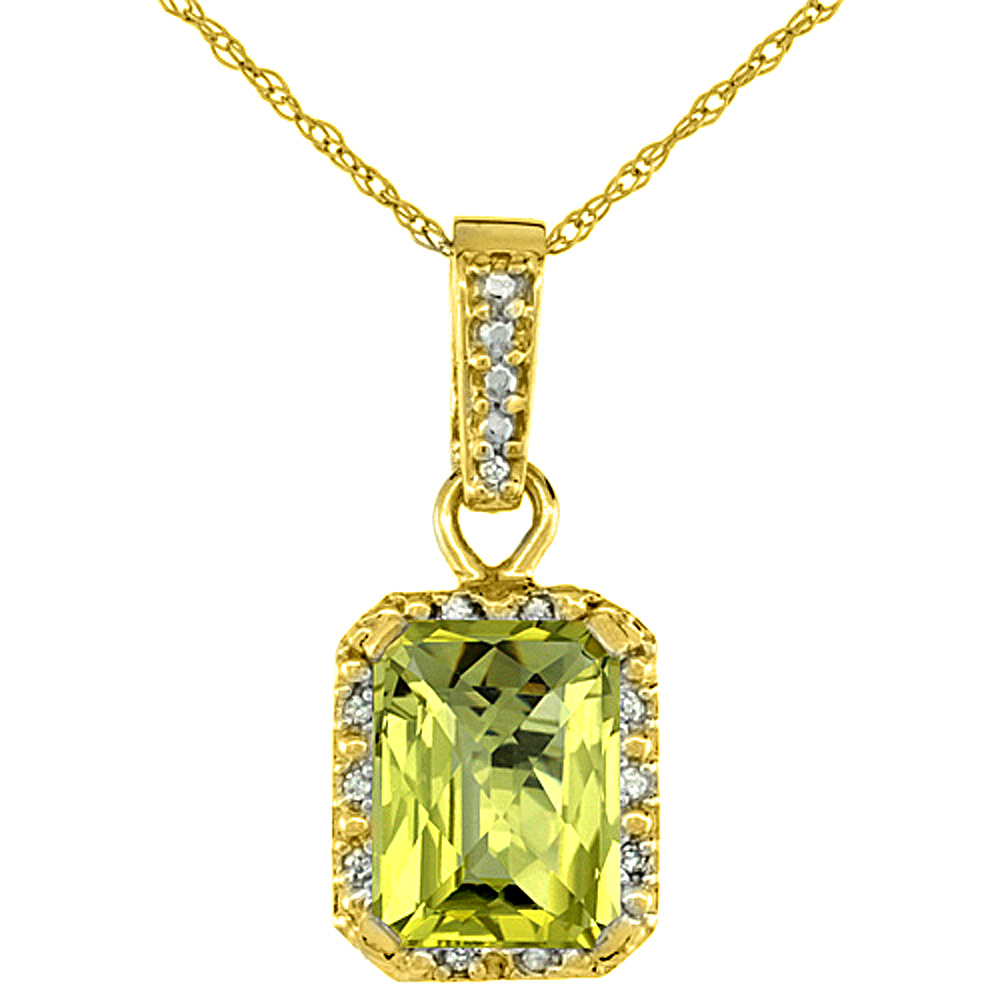 10K Yellow Gold Natural Lemon Quartz Pendant Octagon 8x6 mm &amp; Diamond Accents