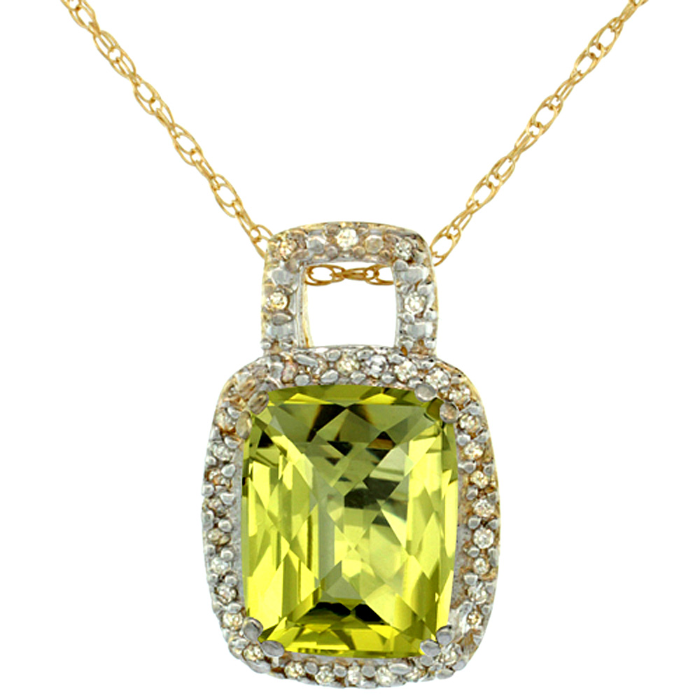 10K YELLOW GOLD NATURAL LEMON QUARTZ PENDANT OCTAGON CUSHION 10X8 MM & DIAMOND ACCENTS