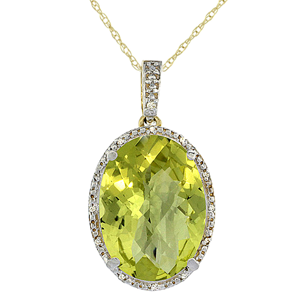 10K YELLOW GOLD DIAMOND NATURAL LEMON QUARTZ PENDANT OVAL 18X13 MM