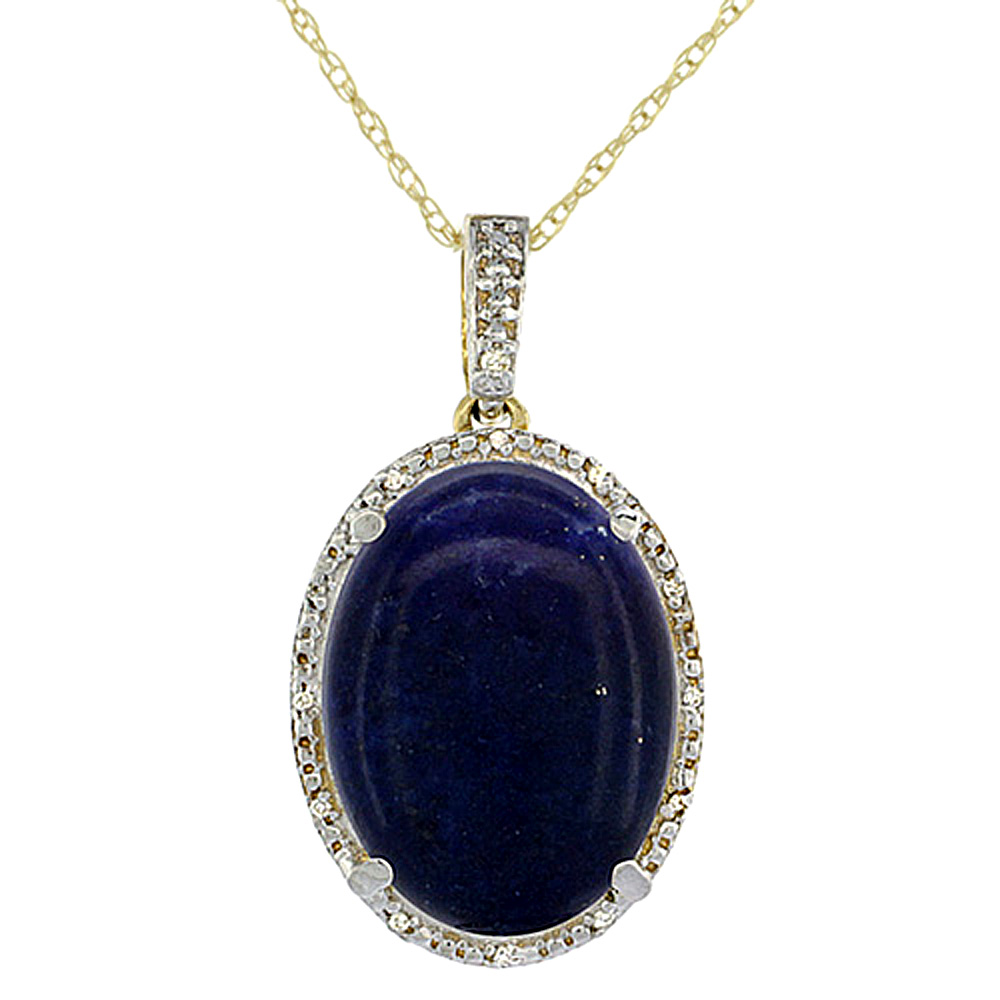 10K Yellow Gold Diamond Natural Lapis Pendant Oval 18x13 mm