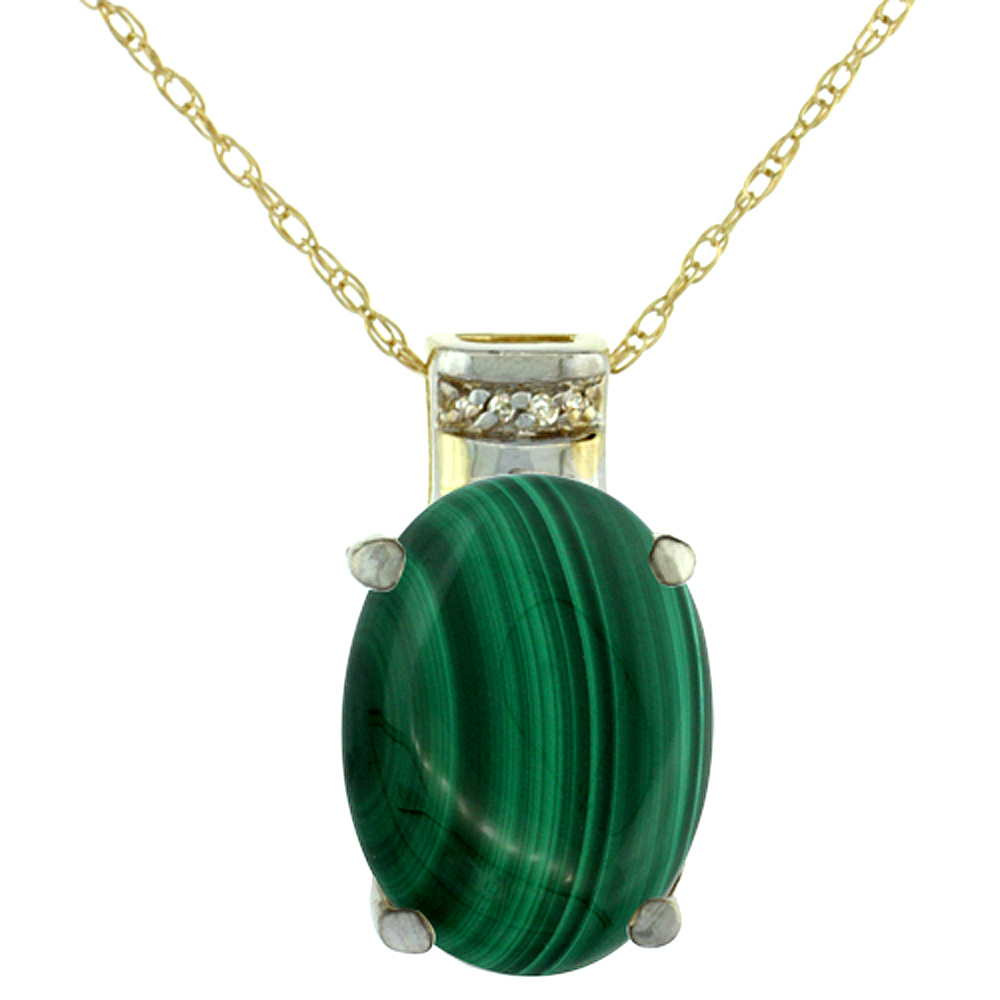 10K YELLOW GOLD DIAMOND NATURAL MALACHITE PENDANT OVAL 14X10 MM