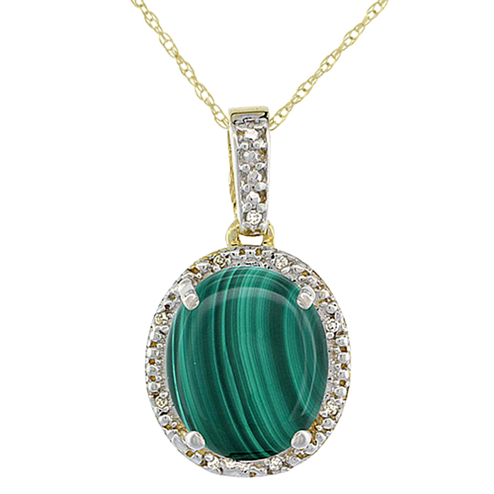 10K Yellow Gold Diamond Halo Natural Malachite Necklace Oval 12x10 mm, 18 inch long