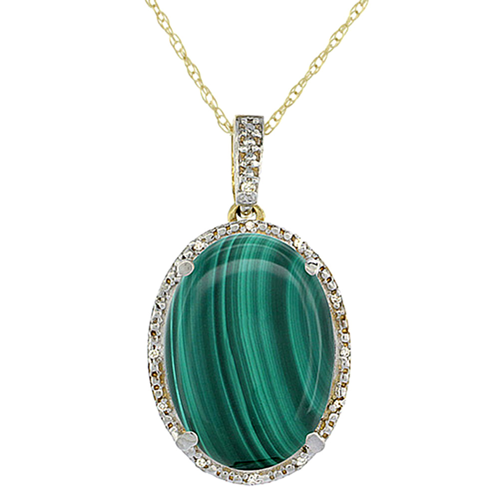 10K YELLOW GOLD DIAMOND NATURAL MALACHITE PENDANT OVAL 18X13 MM