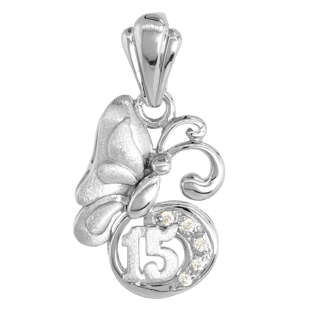 Sterling Silver Quinceanera 15 Anos Butterfly Pendant CZ Stones Rhodium Finished, 7/8 inch long