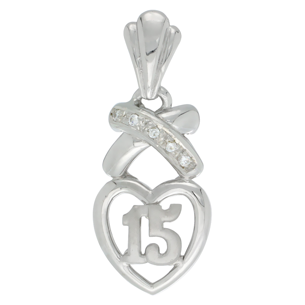 Sterling Silver Quinceanera 15 Anos Pendant Hearts and Kisses CZ stones Rhodium Finished, 3/4 inch long