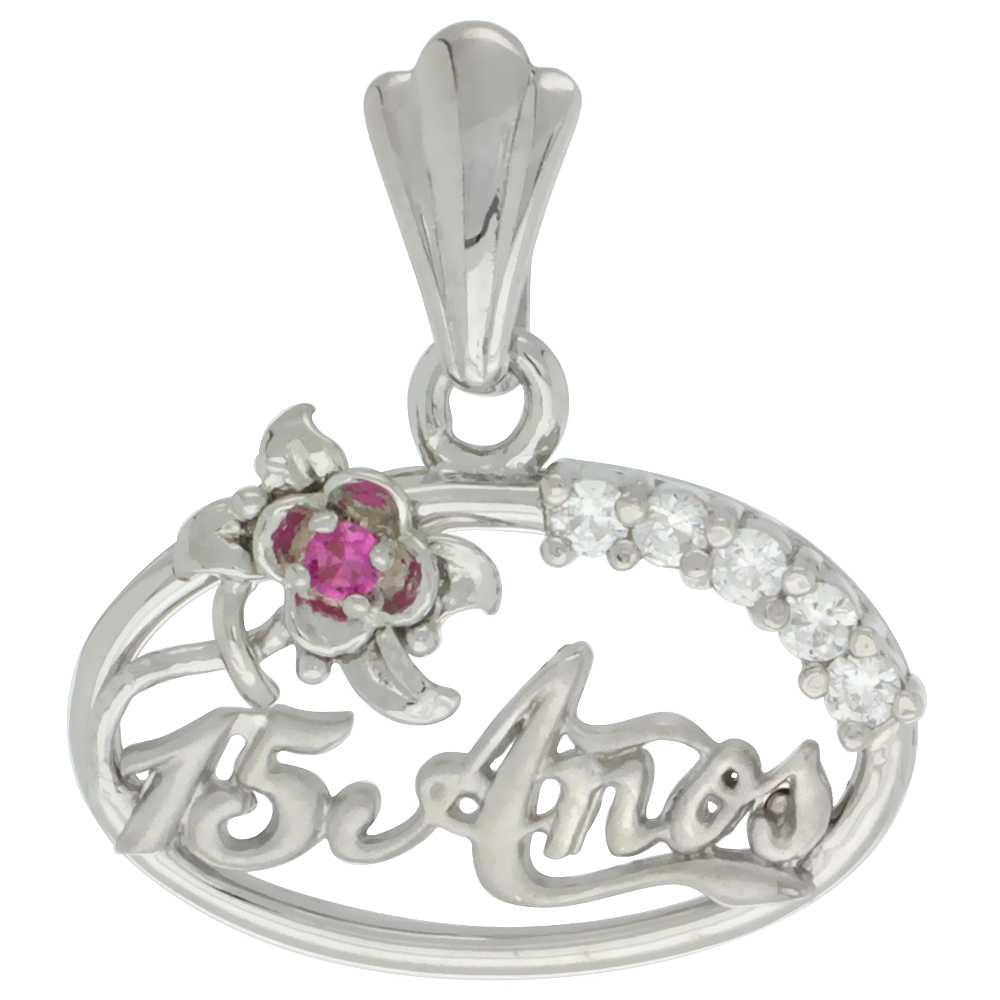 Sterling Silver Quinceanera 15 Anos Flower Pendant CZ Stones Rhodium Finished, 15/32 inch long