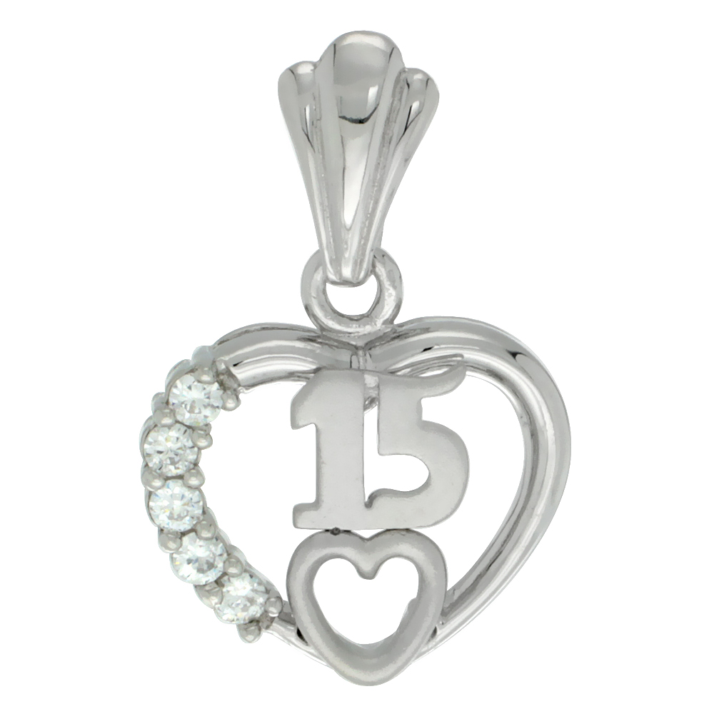 Sterling Silver Quinceanera 15 Anos Heart Pendant CZ Stones Rhodium Finished, 11/16 inch long