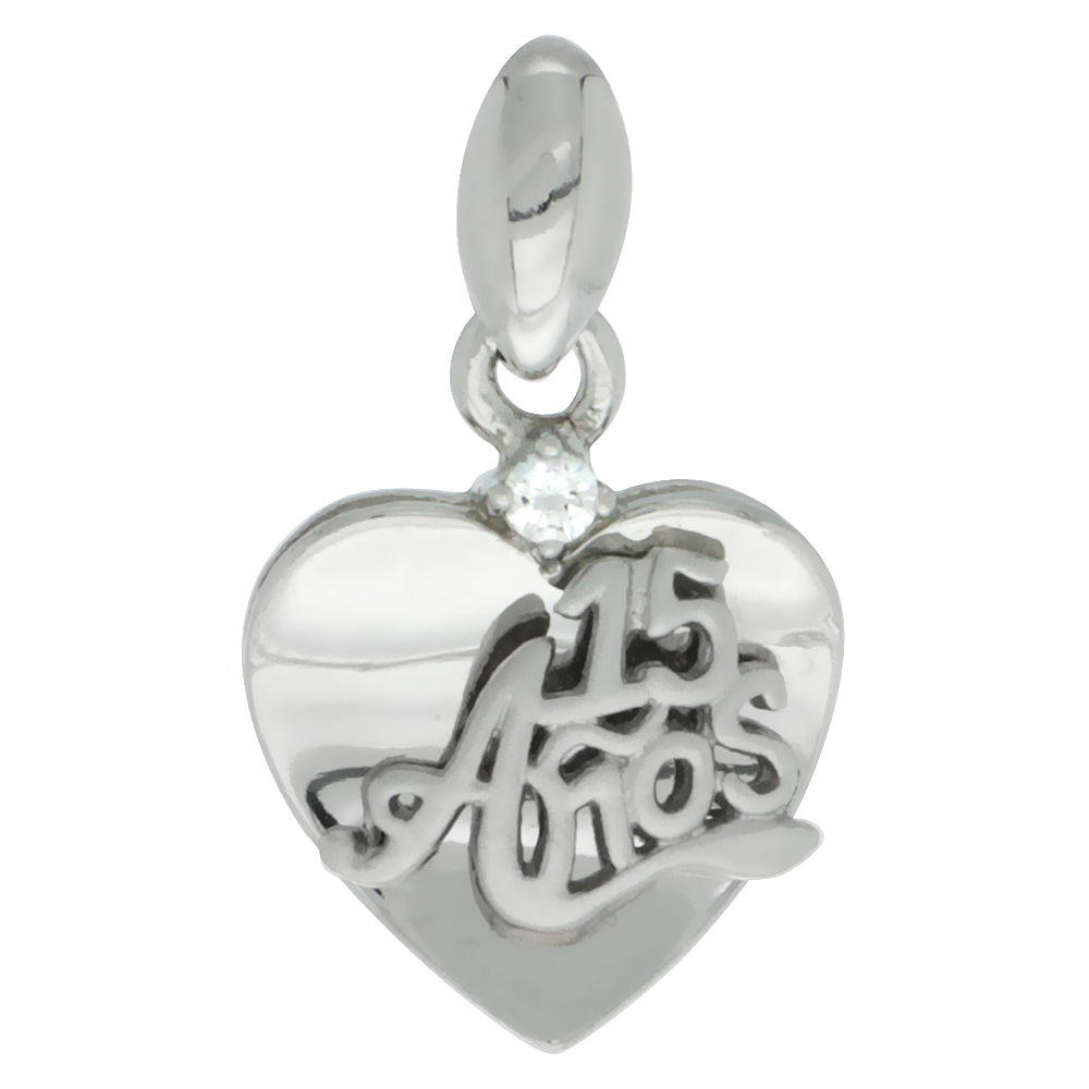 Sterling Silver Quinceanera 15 Anos Heart Pendant CZ Stones Rhodium Finished 5/8 inch long
