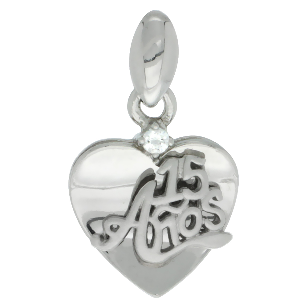 Sterling Silver Quinceanera 15 Anos Heart Pendant CZ Stones Rhodium Finished, 5/8 inch long