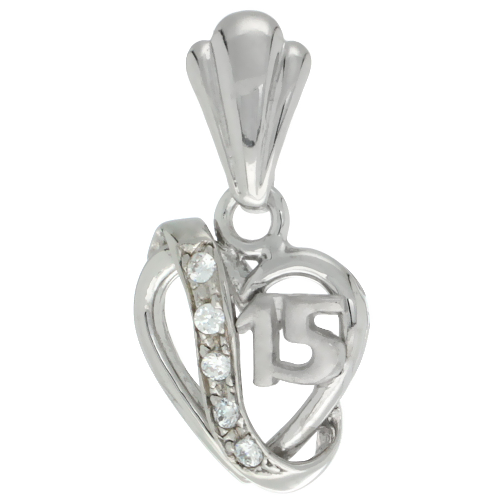 Sterling Silver Quinceanera 15 Anos Heart Pendant CZ Stones Rhodium Finished, 19/32 inch long