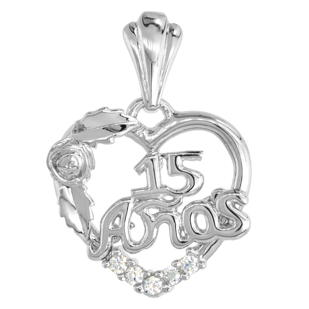 Sterling Silver Quinceanera 15 Anos Rose Pendant CZ Stones Rhodium Finished, 25/32 inch long