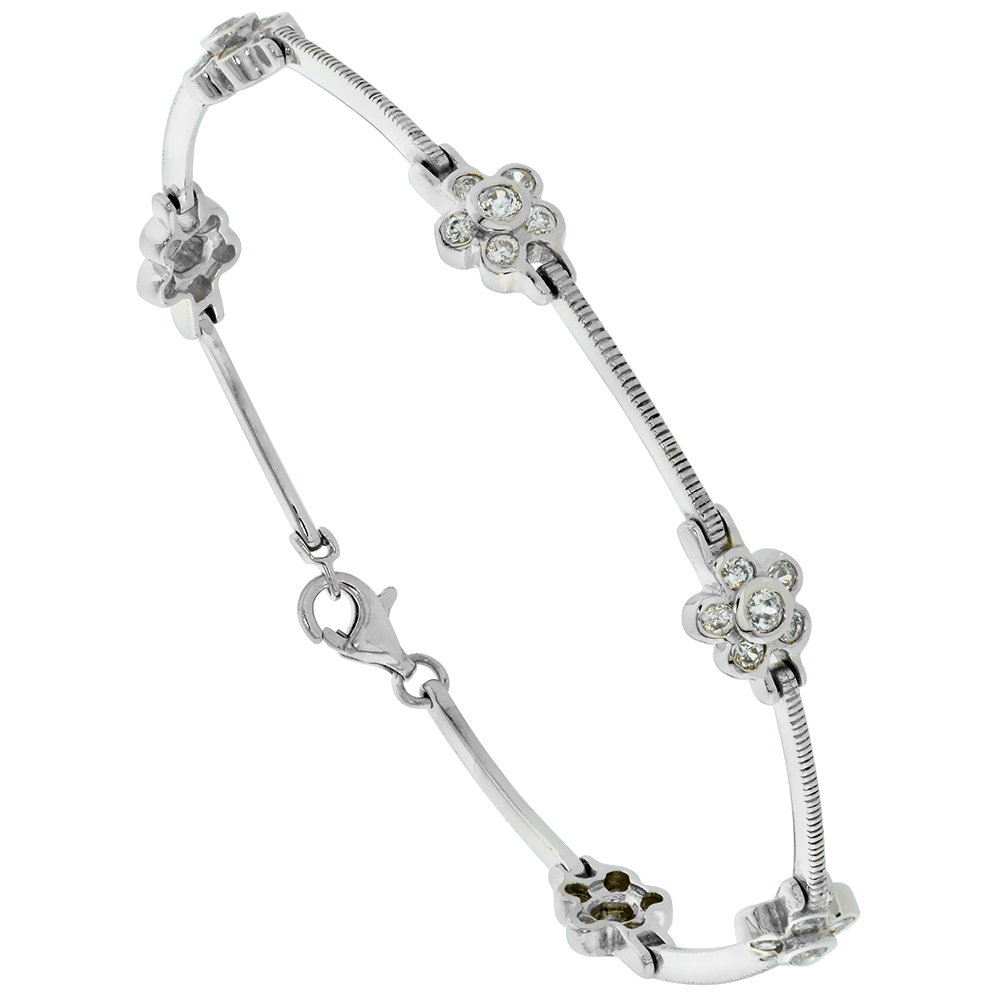 Sterling Silver Cubic Zirconia Flower Station Bracelet for Women 7.5 inch