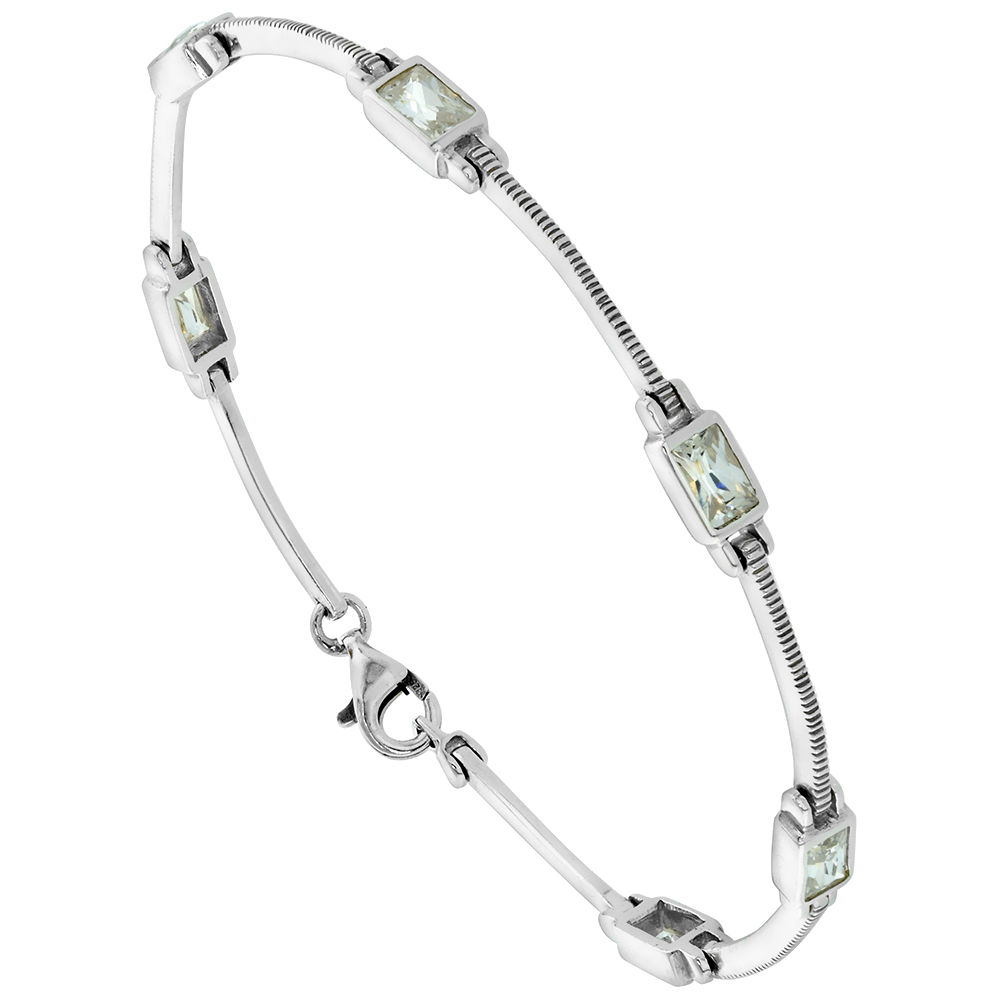 Sterling Silver Cubic Zirconia Emerald Cut CZ Station Bracelet for Women 7.5 inch
