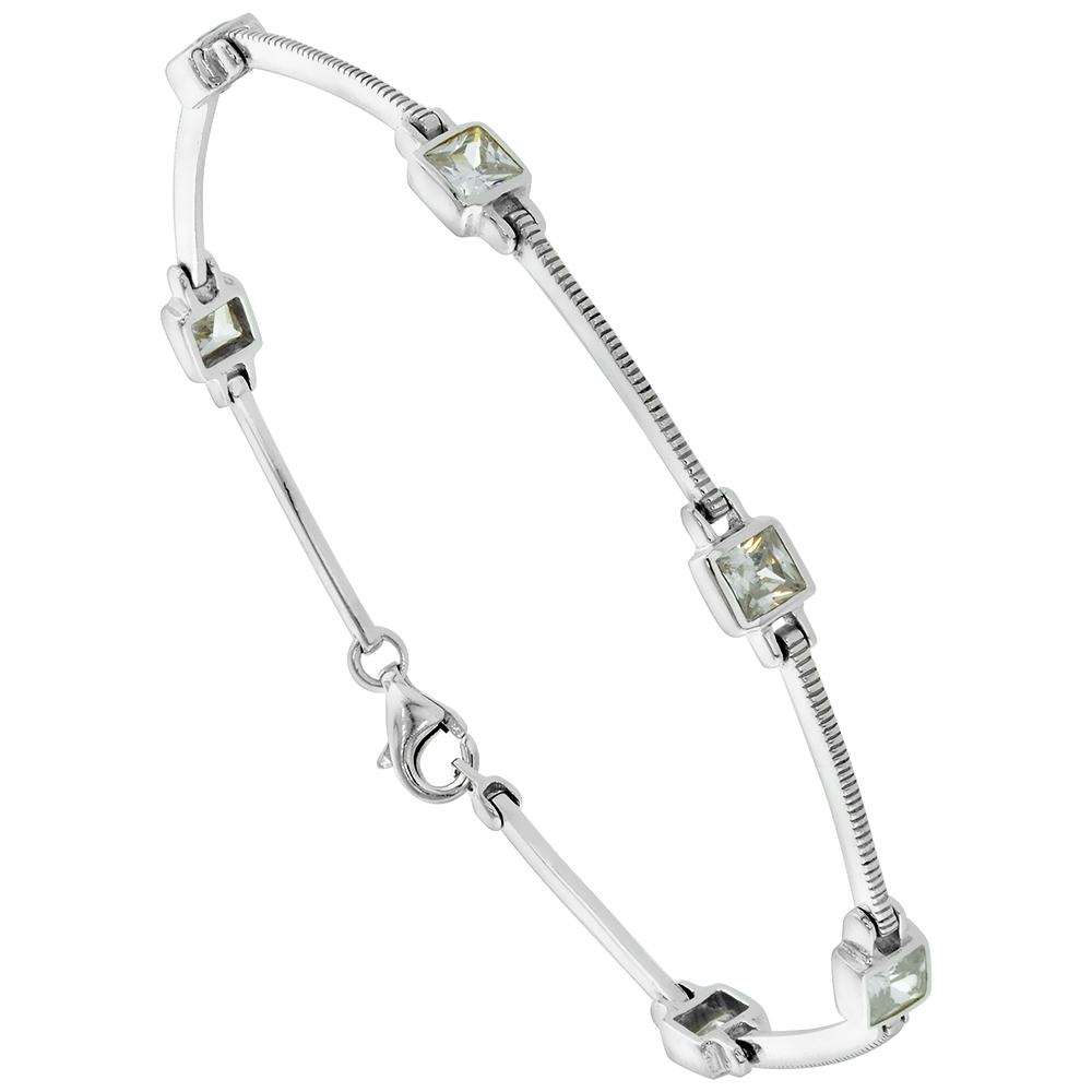 Sterling Silver Cubic Zirconia Princess Cut CZ Station Bracelet for Women 7.5 inch