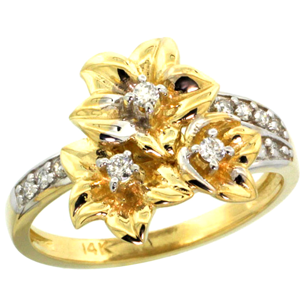 14k Yellow Gold Triple Plumeria Flower Ring with Diamond 0.27cttw, 5/8 inch wide