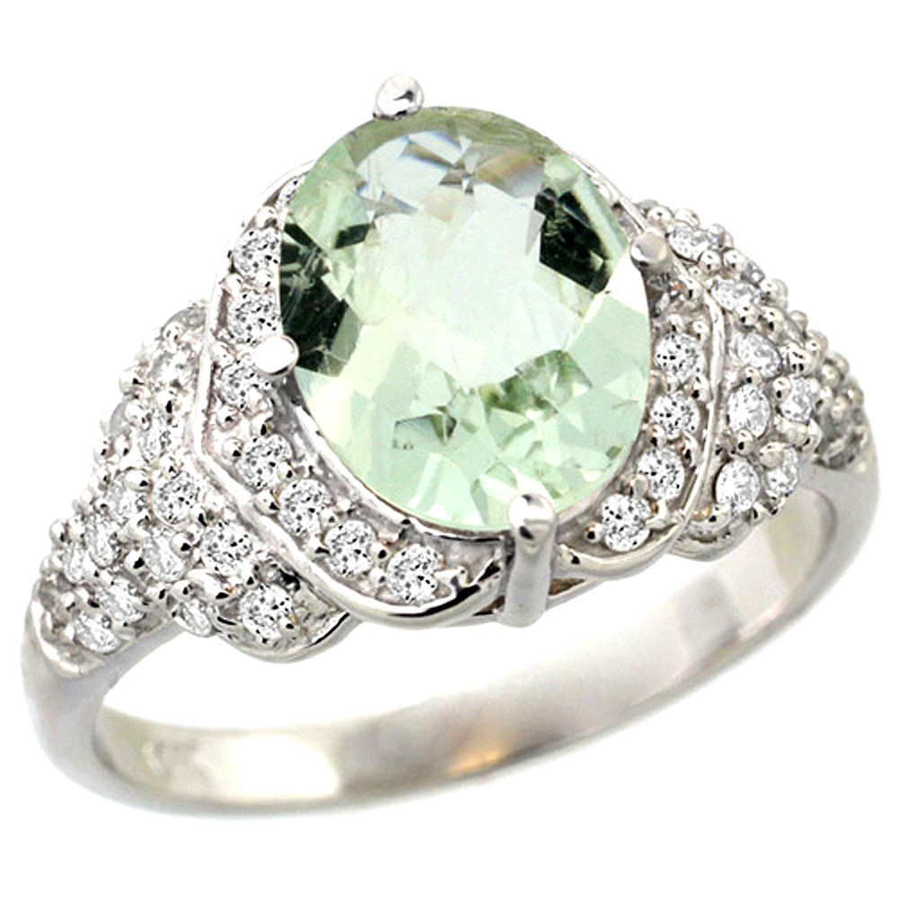 14K GOLD NATURAL GREEN AMETHYST RING 10X8 MM OVAL SHAPE DIAMOND HALO, 1/2 INCH WIDE