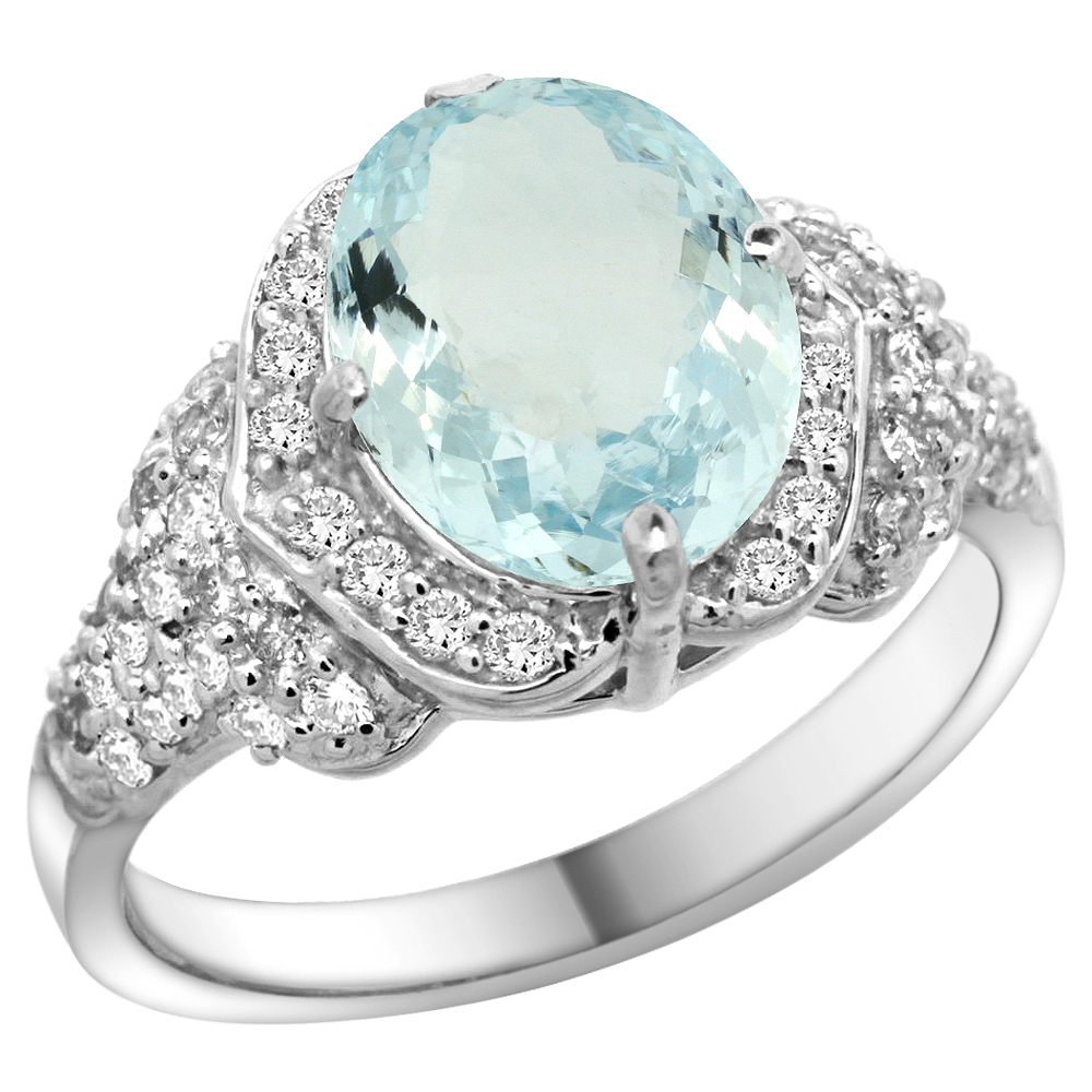 14K YELLOW GOLD NATURAL AQUAMARINE RING DIAMOND HALO OVAL 10X8MM, 1/2 INCH WIDE, SIZE 5-10