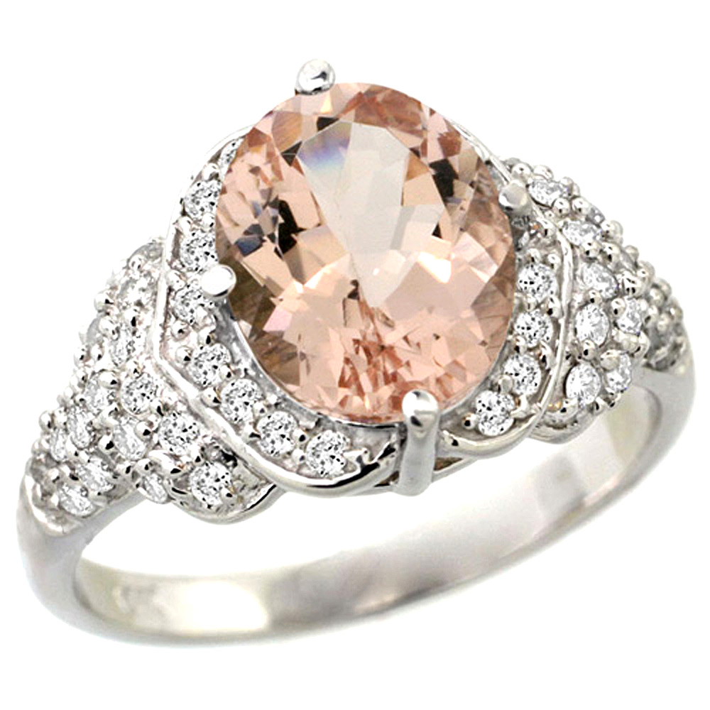 14K GOLD NATURAL MORGANITE RING 10X8 MM OVAL SHAPE DIAMOND HALO, 1/2 INCH WIDE