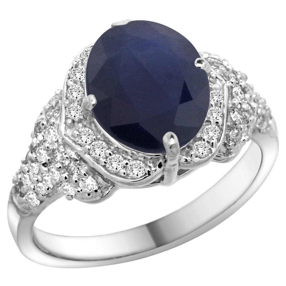 14K WHITE GOLD NATURAL BLUE SAPPHIRE RING DIAMOND HALO OVAL 10X8MM, 1/2 INCH WIDE, SIZE 5