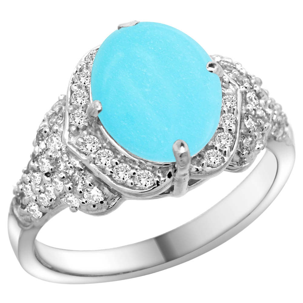 14K WHITE GOLD NATURAL TURQUOISE RING DIAMOND HALO OVAL 10X8MM, 1/2 INCH WIDE, SIZE 5