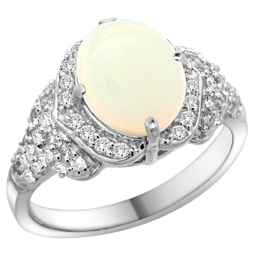 14K GOLD NATURAL OPAL RING 10X8 MM OVAL SHAPE DIAMOND HALO, 1/2 INCH WIDE