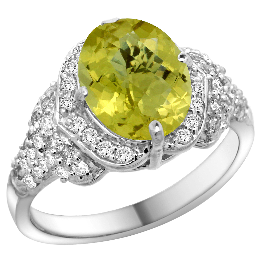 14K WHITE GOLD NATURAL LEMON QUARTZ RING DIAMOND HALO OVAL 10X8MM, 1/2 INCH WIDE, SIZE 5
