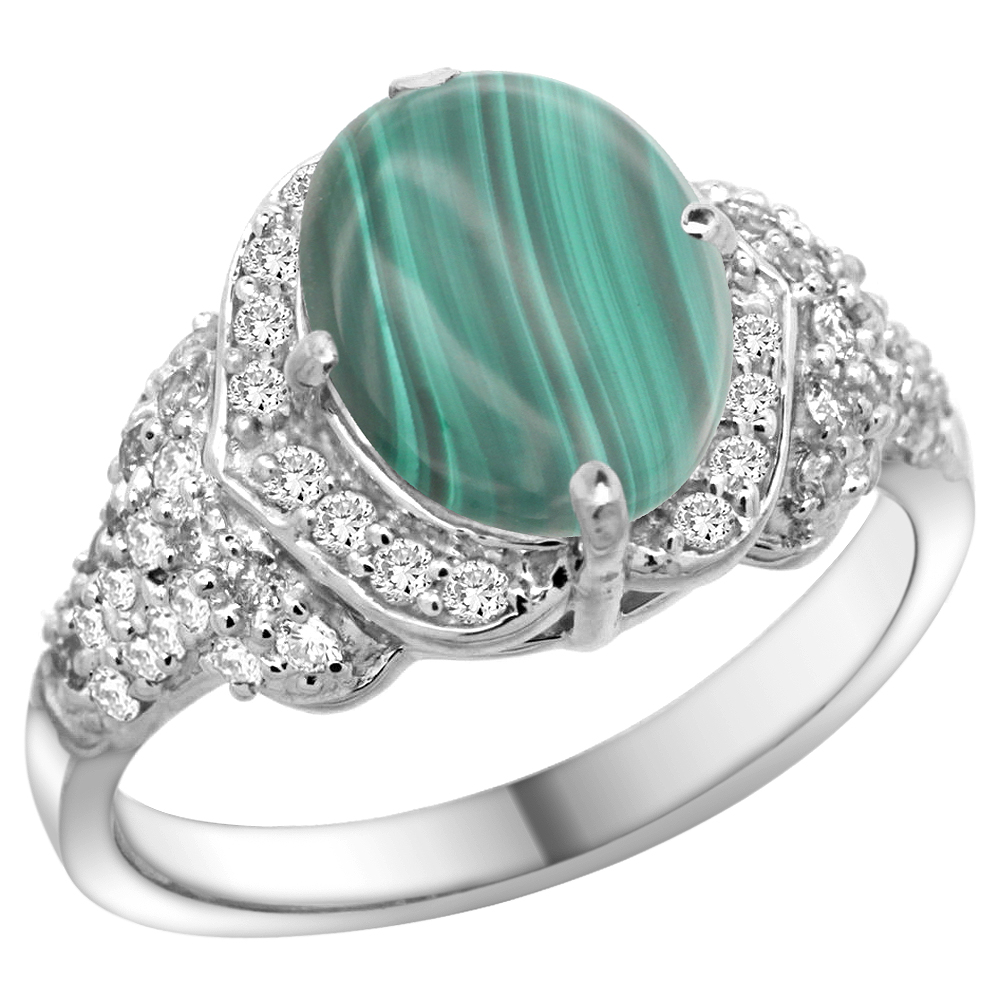 14K WHITE GOLD NATURAL MALACHITE RING DIAMOND HALO OVAL 10X8MM, 1/2 INCH WIDE, SIZE 5