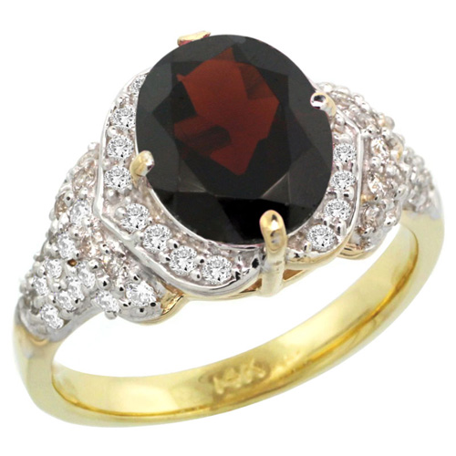 14k Gold Natural Garnet Ring 10x8 mm Oval Shape Diamond Halo, 1/2 inch wide 