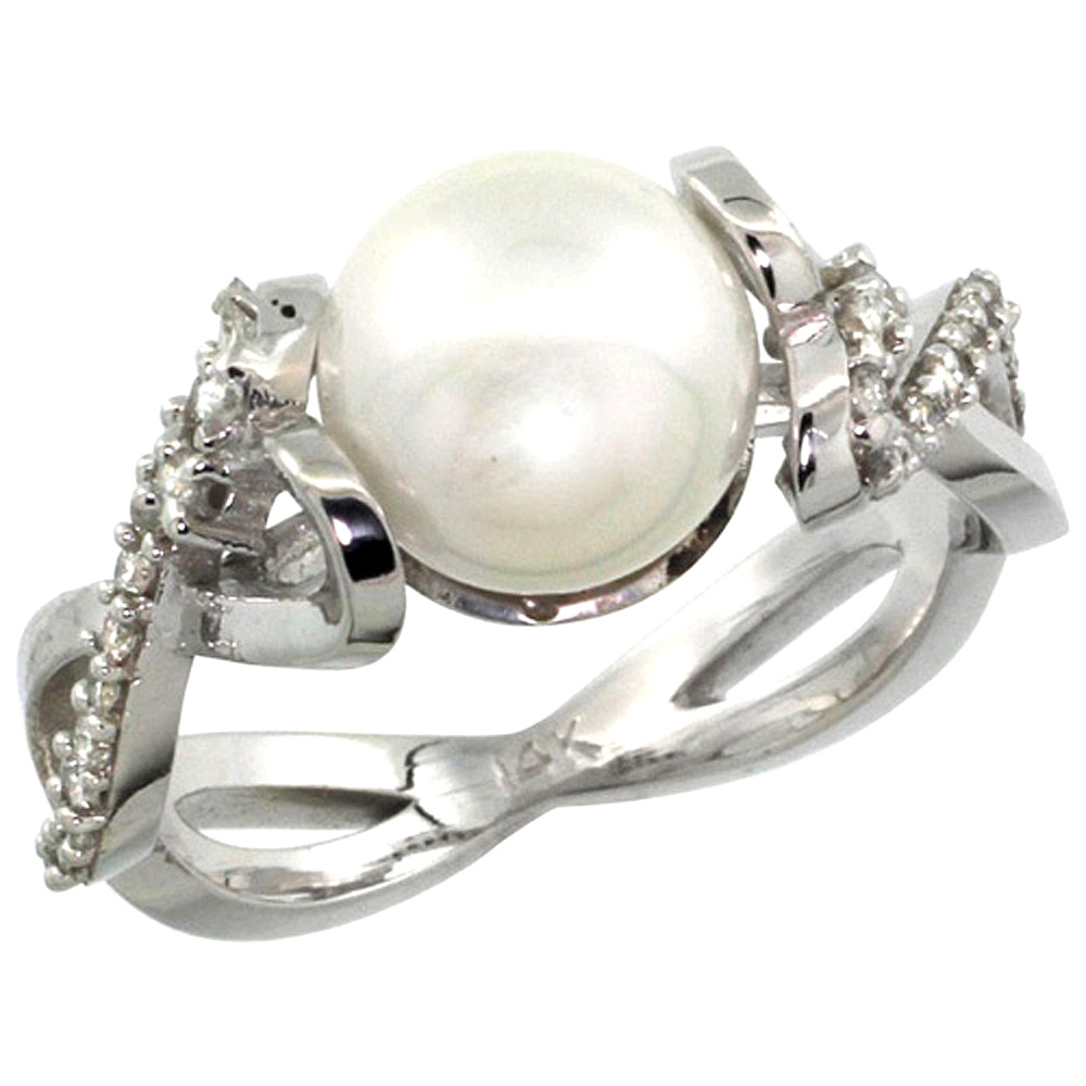 14k White Gold Infinity Ring with 0.32 cttw Diamonds & 9mm White Pearl, 3/8 inch wide