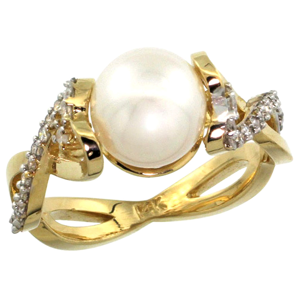 14k Yellow Gold Infinity Ring with 0.32 cttw Diamonds &amp; 9mm White Pearl, 3/8 inch wide