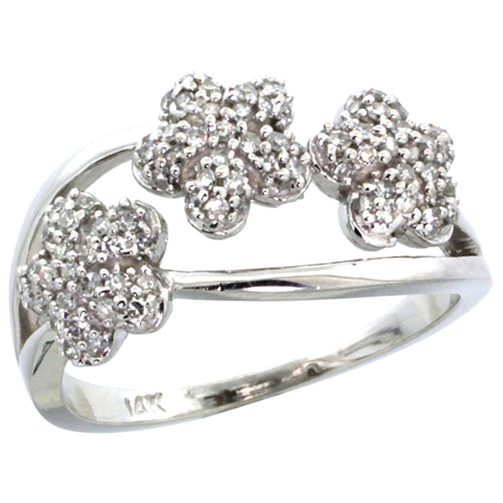 14k White Gold Triple Flower Diamond Ring 0.50 cttw, 3/8 inch wide