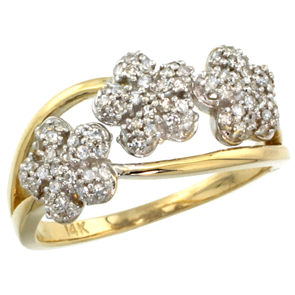 14k Yellow Gold Triple Flower Diamond Ring 0.50 cttw, 3/8 inch wide