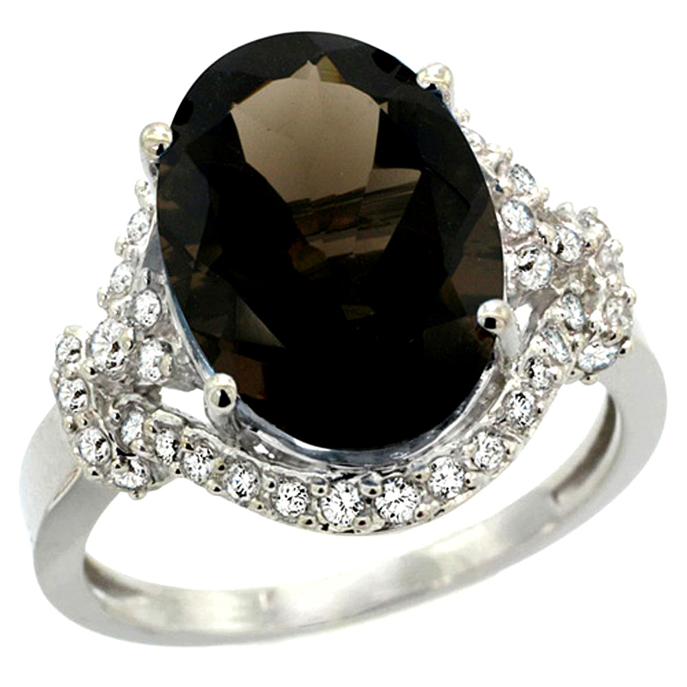 14K WHITE GOLD NATURAL SMOKY TOPAZ RING DIAMOND HALO OVAL 14X10MM, 3/4 INCH WIDE, SIZES 5 - 10