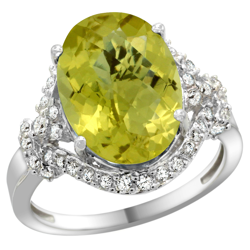 14K WHITE GOLD NATURAL LEMON QUARTZ RING DIAMOND HALO OVAL 14X10MM, 3/4 INCH WIDE, SIZES 5 - 10