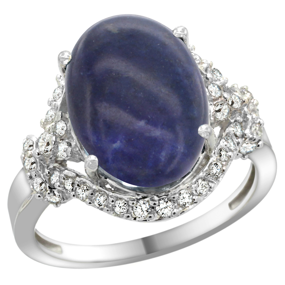14K WHITE GOLD NATURAL LAPIS RING DIAMOND HALO OVAL 14X10MM, 3/4 INCH WIDE, SIZES 5 - 10