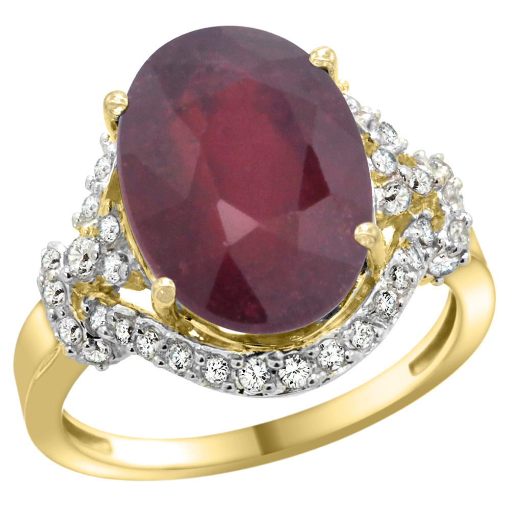 14K YELLOW GOLD NATURAL ENHANCED RUBY RING DIAMOND HALO OVAL 14X10MM, 3/4 INCH WIDE, SIZES 5 - 10
